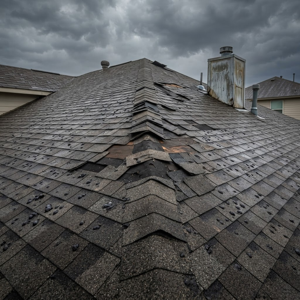 Residential roof with visible storm and hail damage to shingles