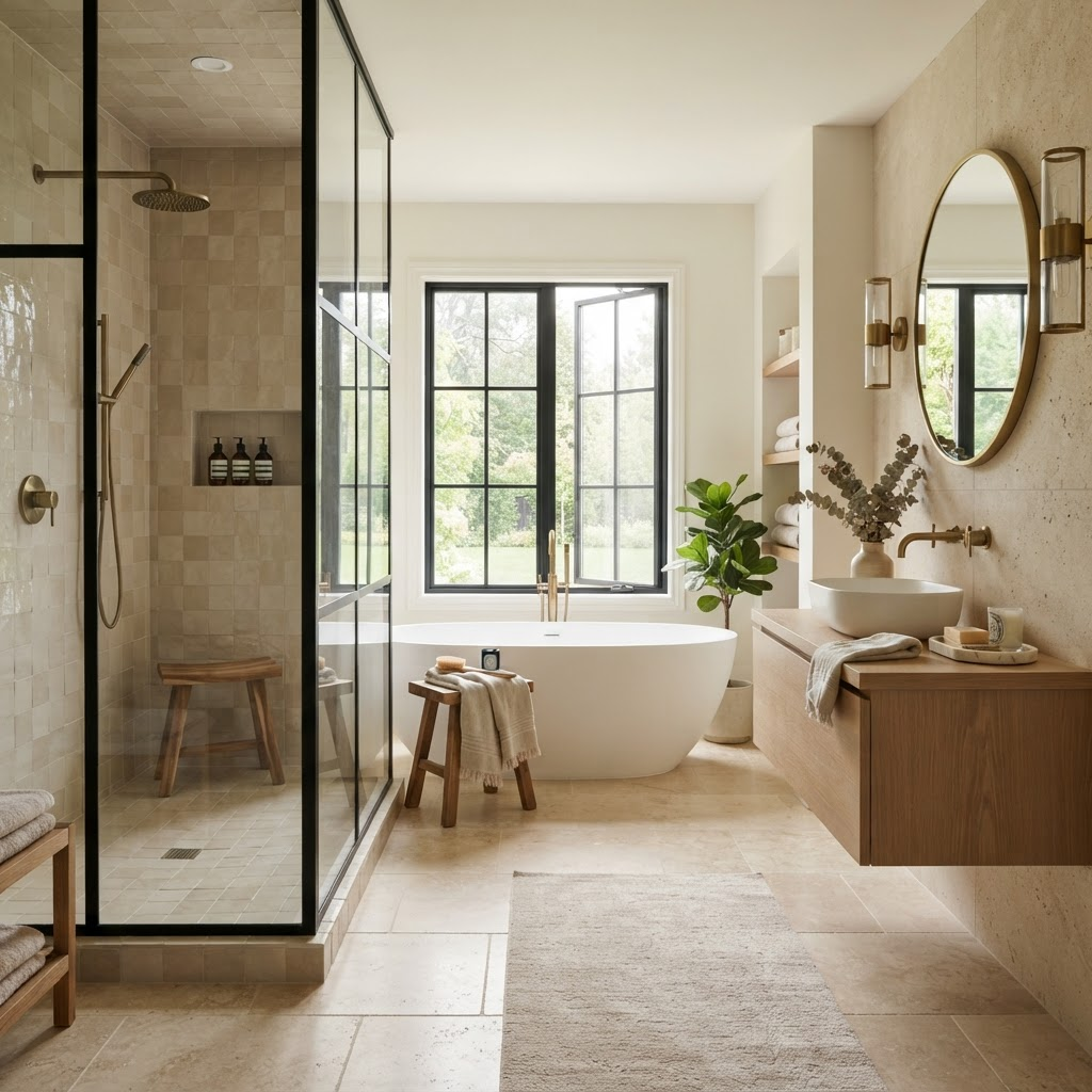 Renovated spa-style bathroom with walk-in tiled shower and floating vanity
