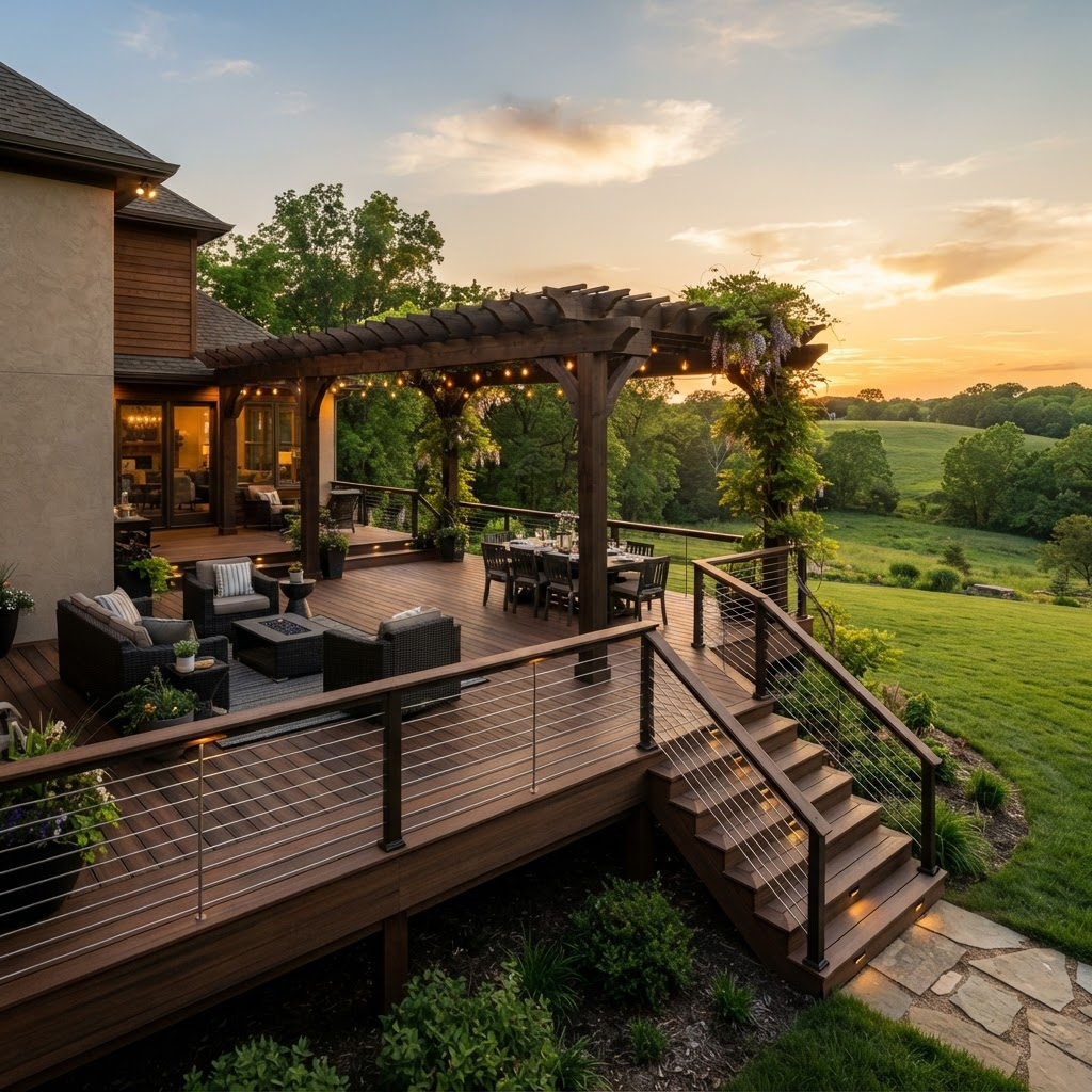 Custom backyard deck with pergola and modern railings