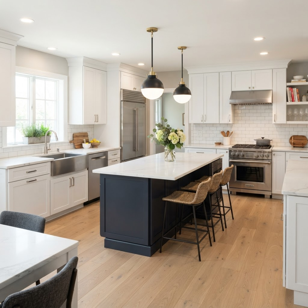 Remodeled kitchen with white shaker cabinets, island and quartz counters