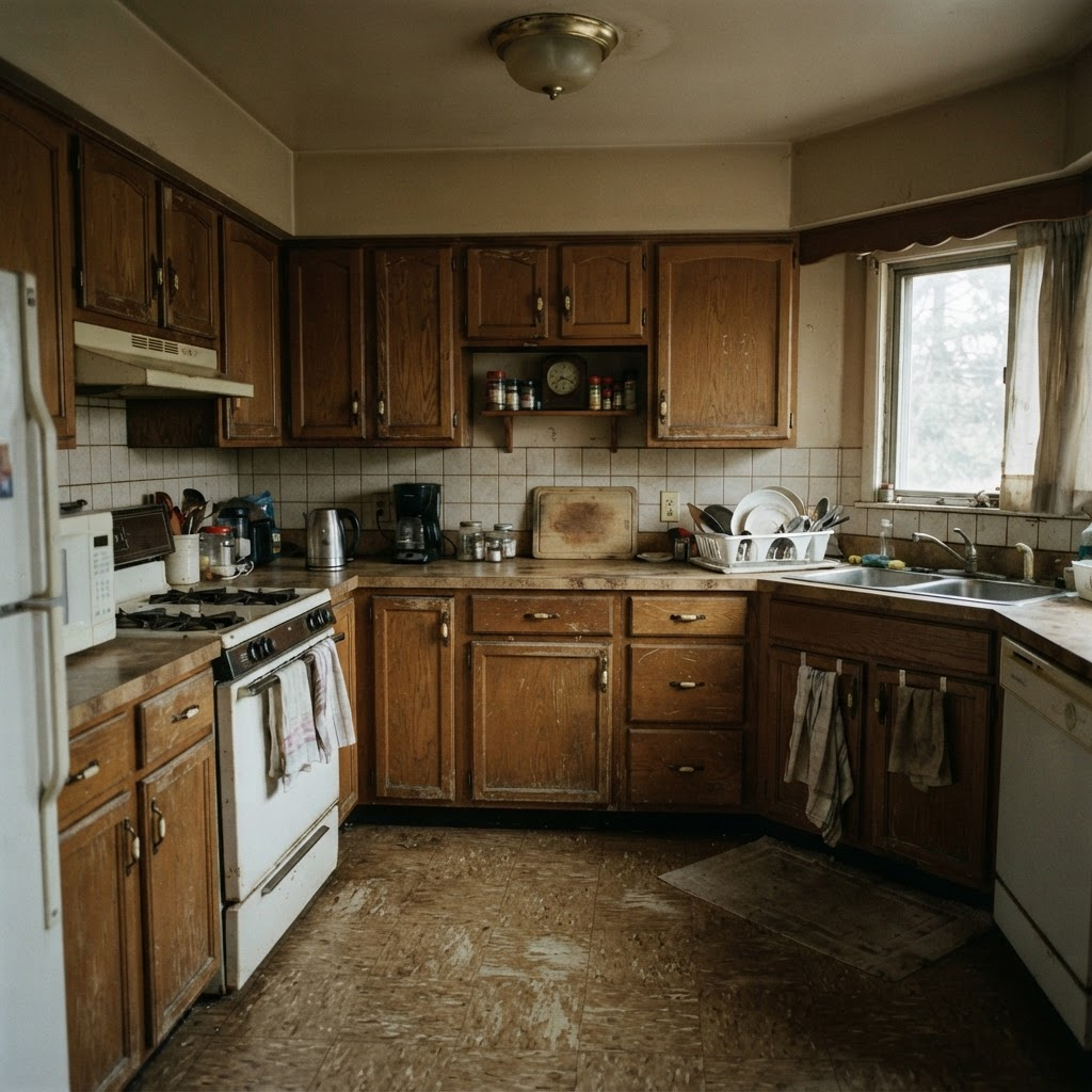 Outdated kitchen with old oak cabinets before remodel