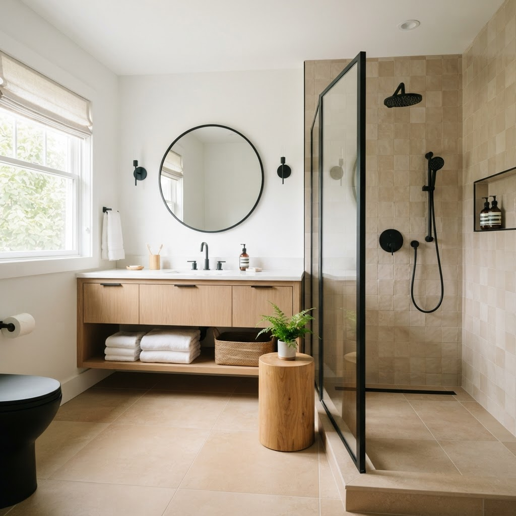 Renovated bathroom with tiled walk-in shower, floating vanity and matte black fixtures