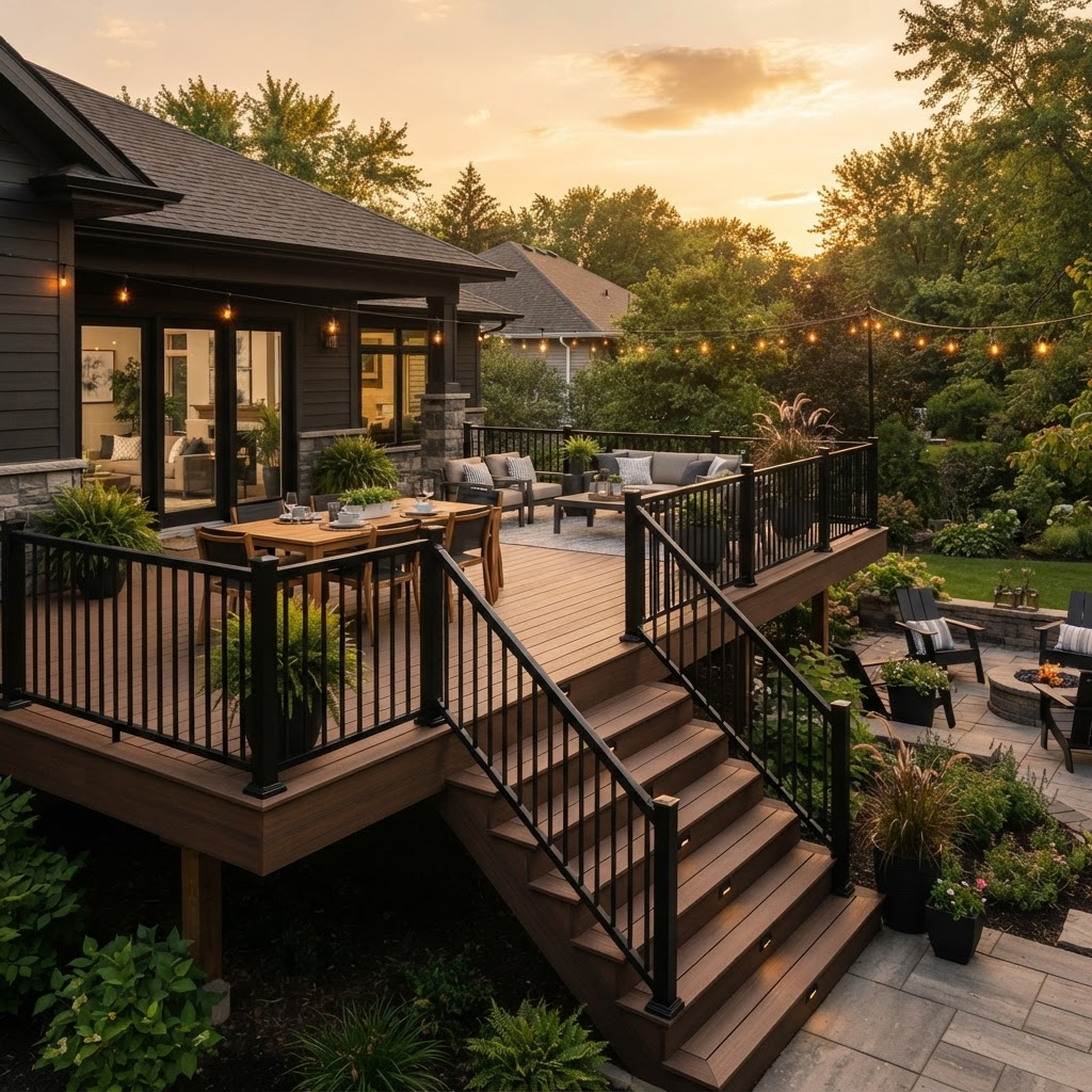 Custom backyard composite deck with modern black metal railings and steps