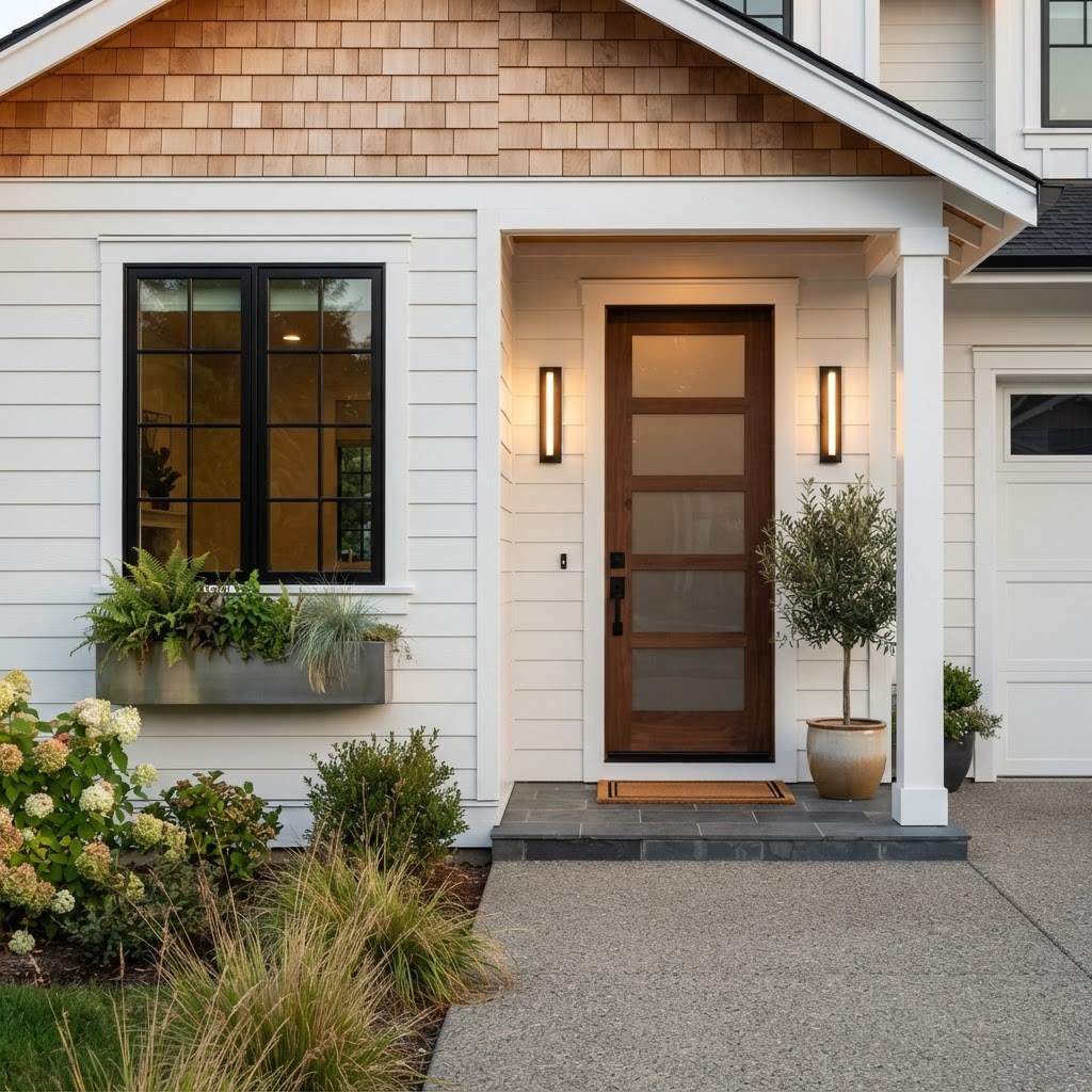 Newly installed black-framed window and stylish front entry door with clean trim